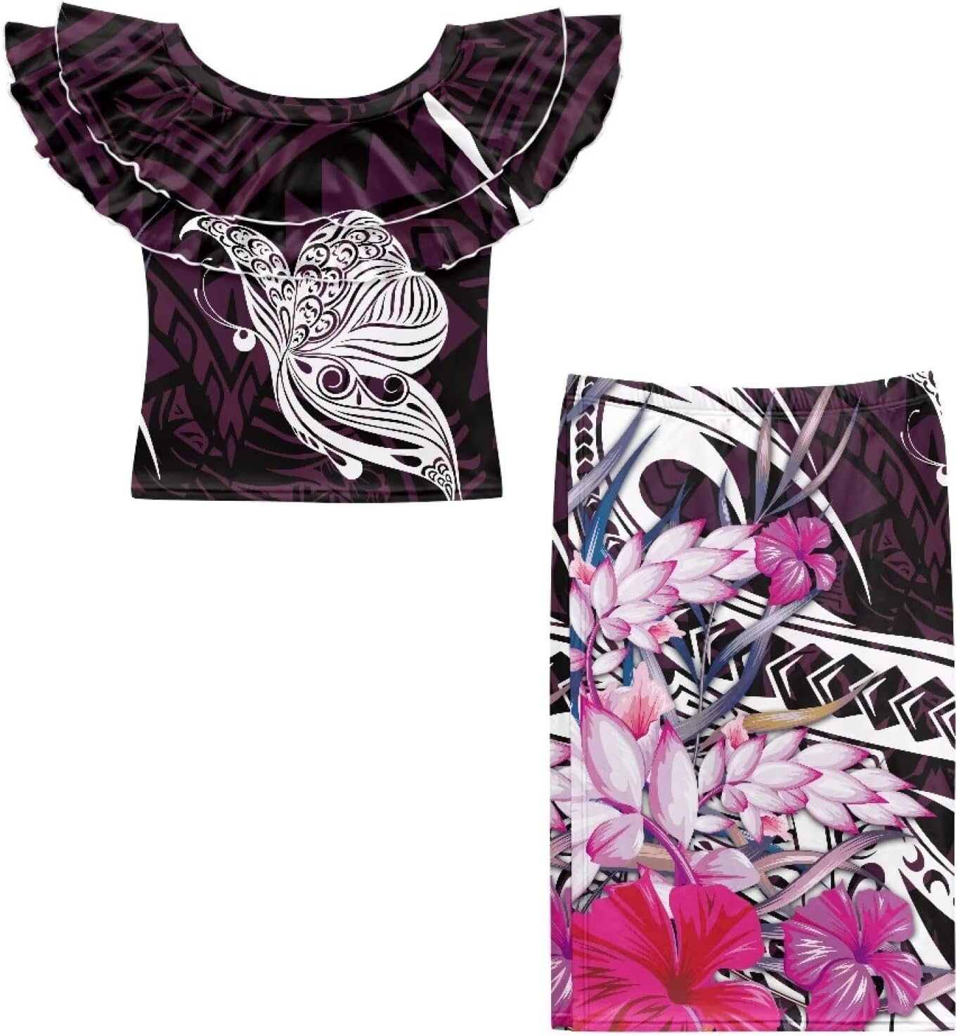 Polynesian Tapa Puletasi Samoan Women Island Two Piece Set Ruffle Off Shoulder Top and Skirts 2 Pcs Set Dress