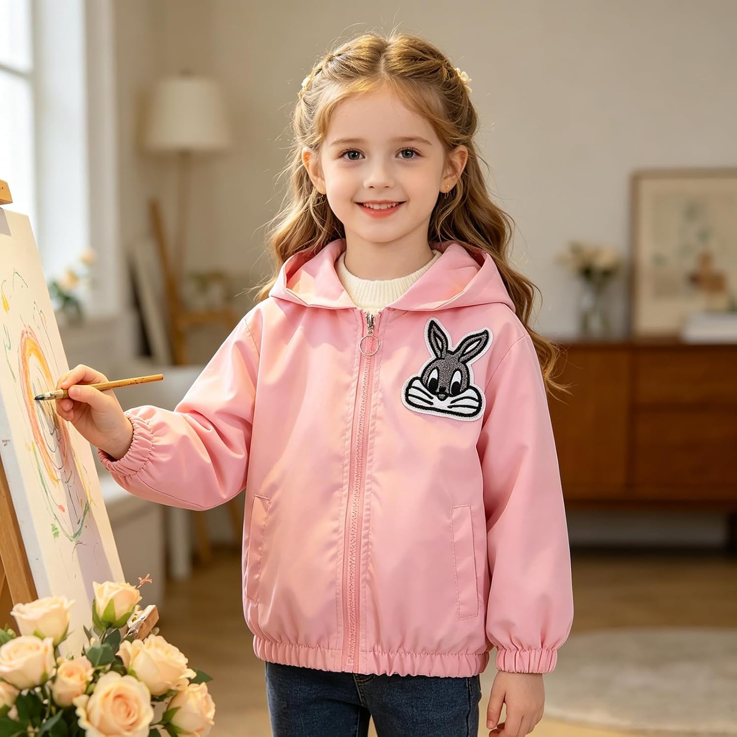 Girls Hooded Jacket Toddler Zip Up Coat with Back Plush Cartoon Kids Lightweight Cute Animal Outerwear