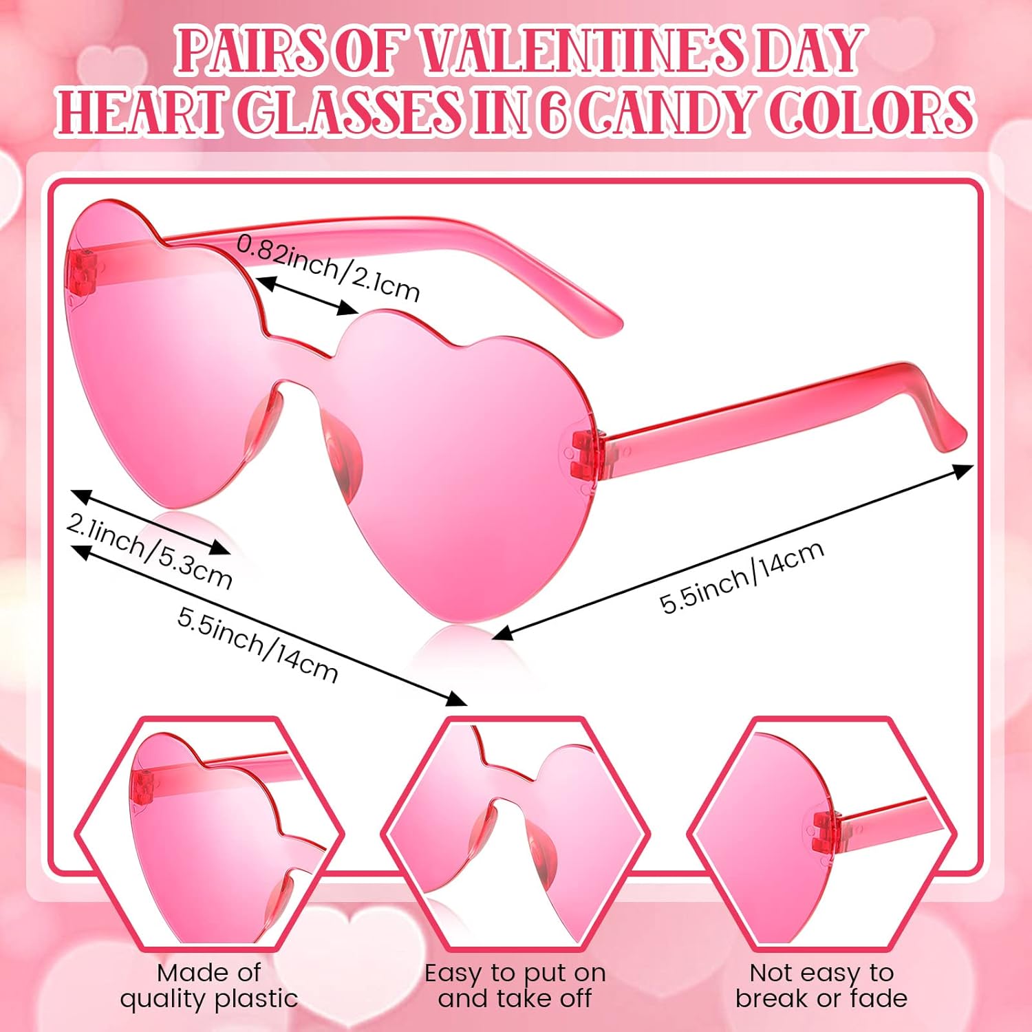 Macarrie 30 Pairs Valentine's Day Heart Shaped Sunglasses Transparent Rimless Heart Party Sunglasses for Women, 6 Colors - Image 2