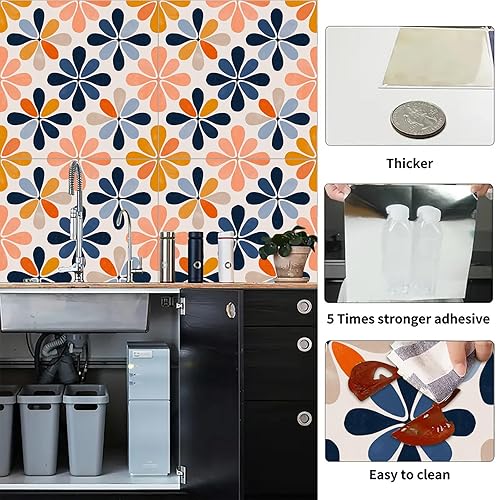 Miniatura 2 de Azulejos autoadhesivos de vinilo autoadhesivos de 12 x 12 pulgadas, diseño de flores retro coloridas, para cocina, baño, dormitorio, sala de estar,