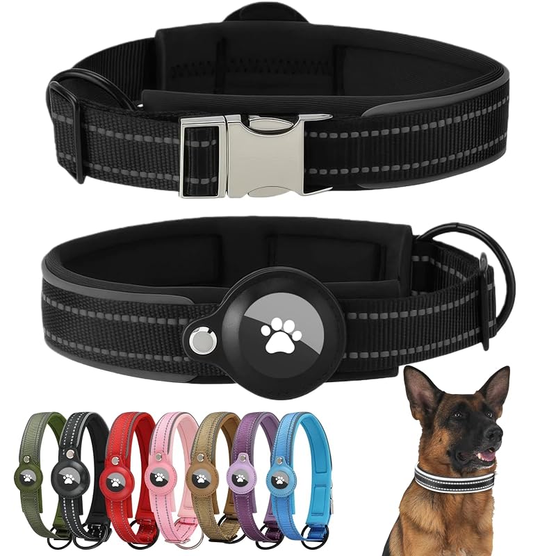 Coleira para Cães Extra Grande com Suporte para Apple AirTag, Nylon e Faixas Refletivas Swizitelon Preta XL (45,97–52,32 cm)