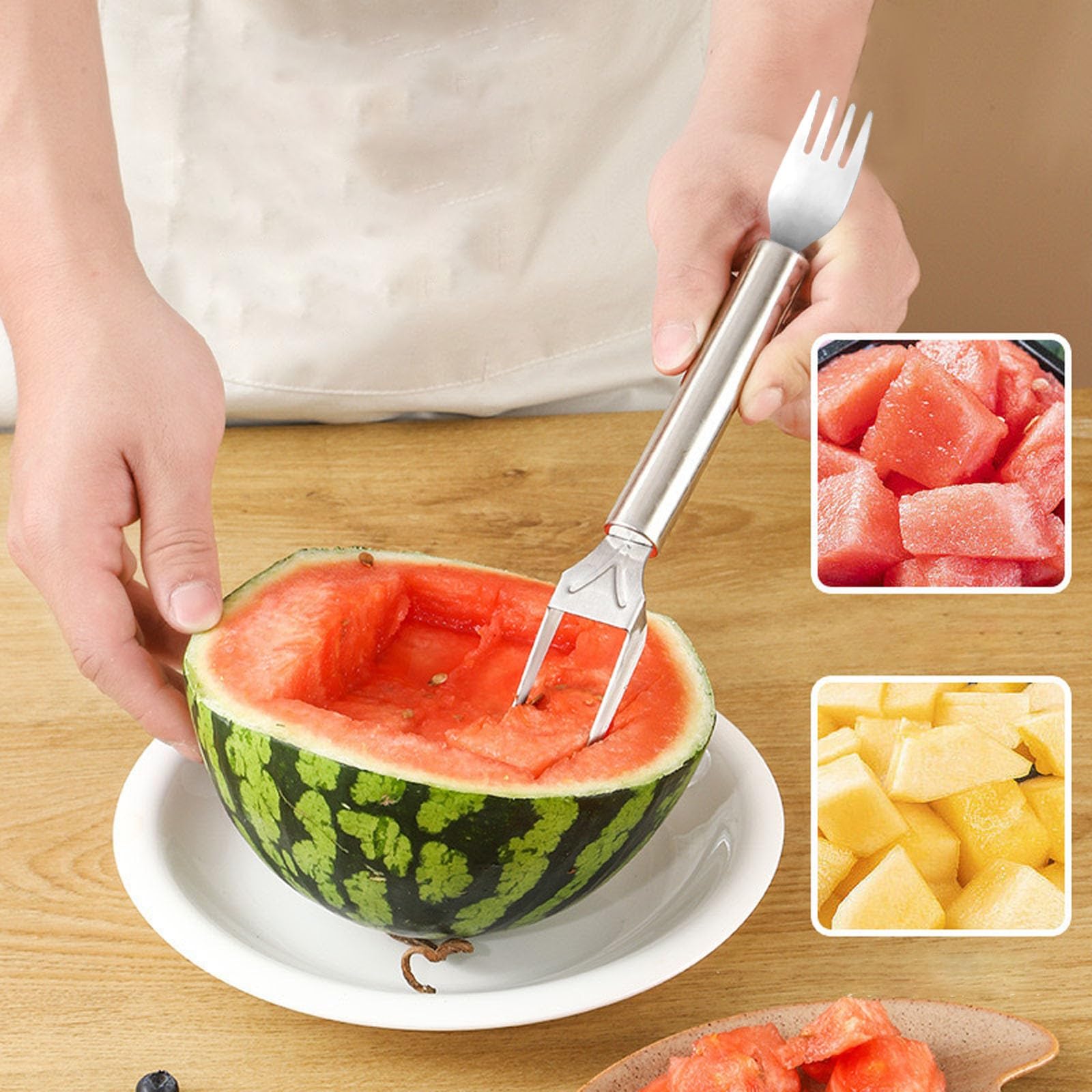 Narzędzie do krojenia arbuza, nóż ze stali nierdzewnej 2 w 1 z widelcem, przenośny gadżet do cięcia melona na grill, imprezę, kemping, do kuchni, idealne kostki do łatwego serwowania