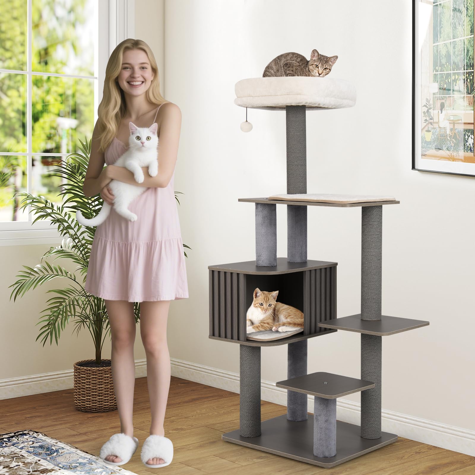 COSTWAY Albero per Gatti a 6 Livelli, Torre per Gatti Alta 151 cm con Condominio, Tappetini Removibili e Tiragraffi, Albero Tiragraffi per Arrampicata per Gattini in Legno con Palla Pompom Appesa