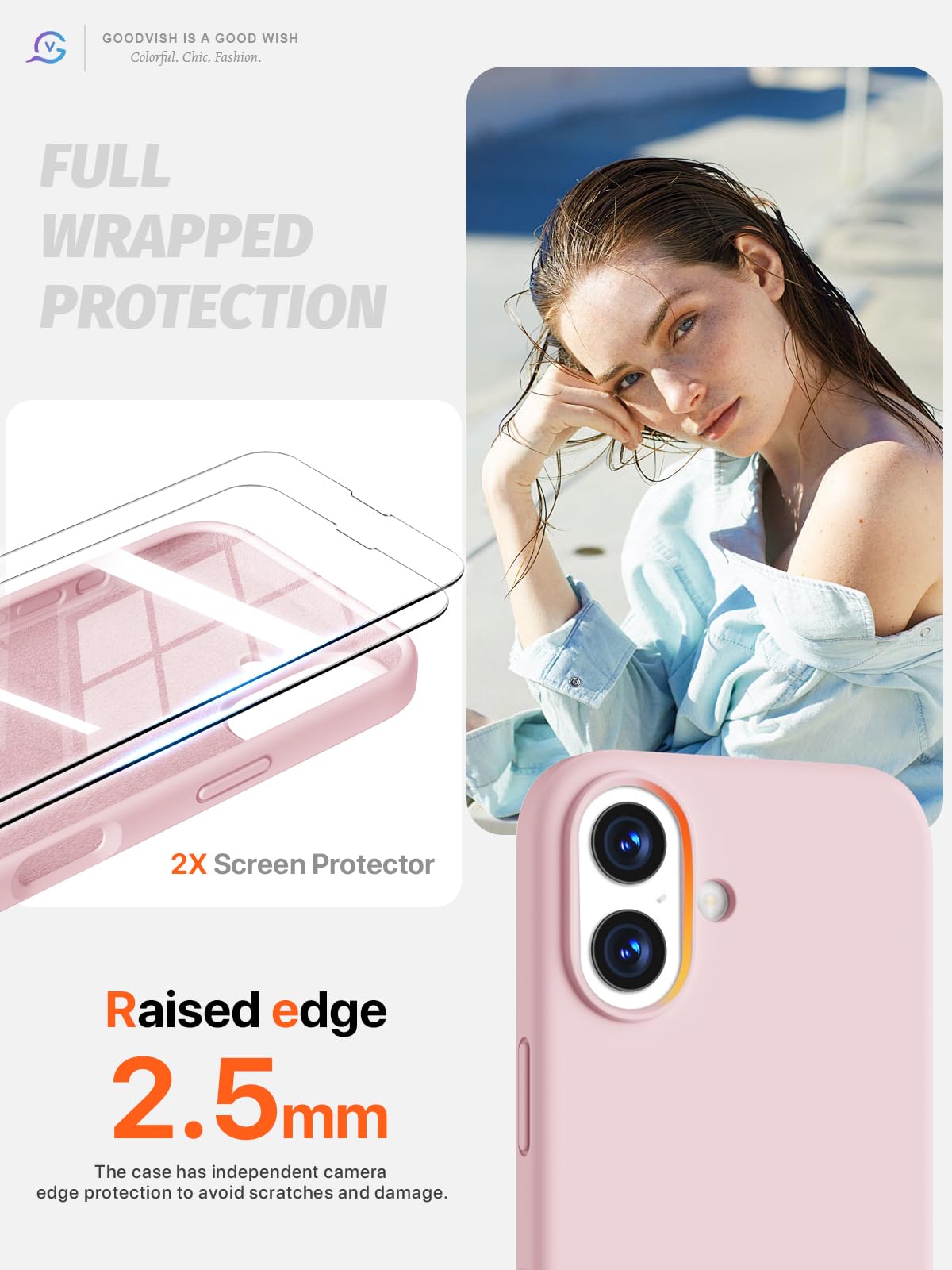 GOODVISH 3 in 1 Silicone Cover per iPhone 17 6.3", Custodia con 2 Pellicola Vetro Temperato [Protezione Fotocamera] 360° Protezione Anticaduta Case per Cellulare Antiurto Resistente, Rosa Sabbia