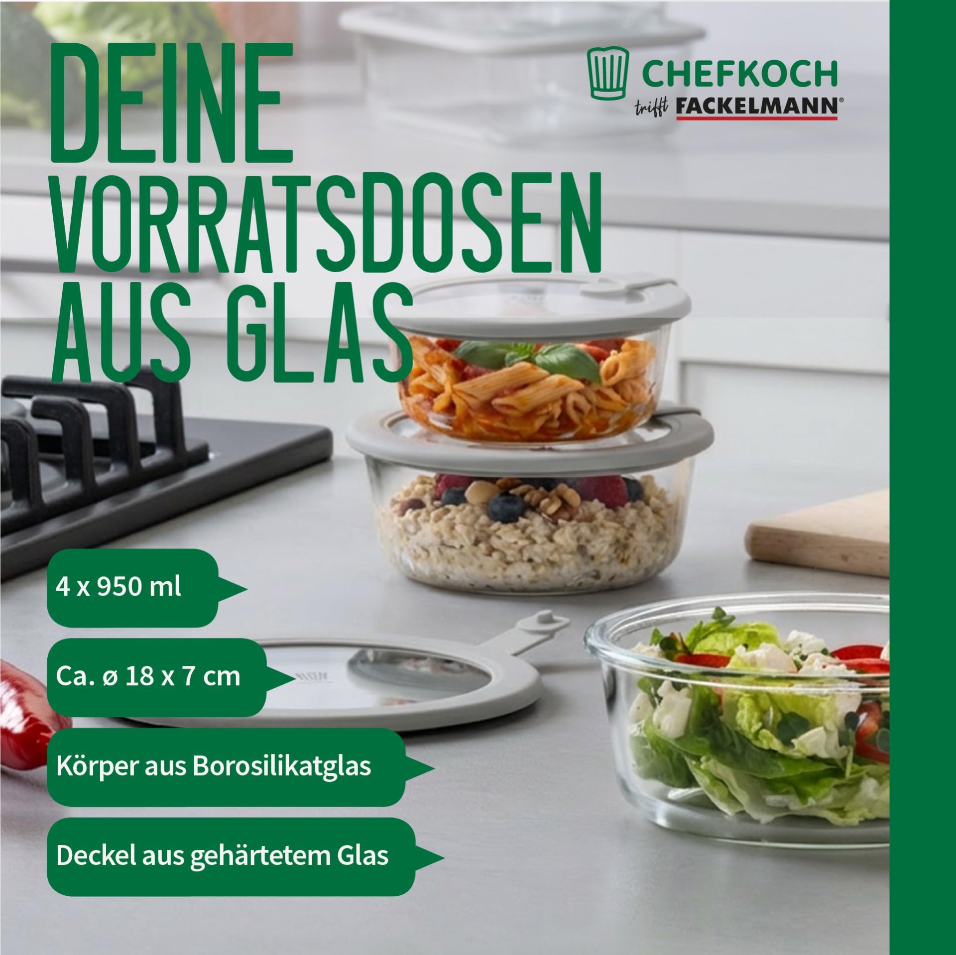 FACKELMANN Chefkoch trifft 4er Set Vorratsdose mit Glasdeckel – 950ml, Frischhaltedose aus Borosilikatglas, rund, mikrowellen-, backofen- und gefrierfest, luftdicht & auslaufsicher