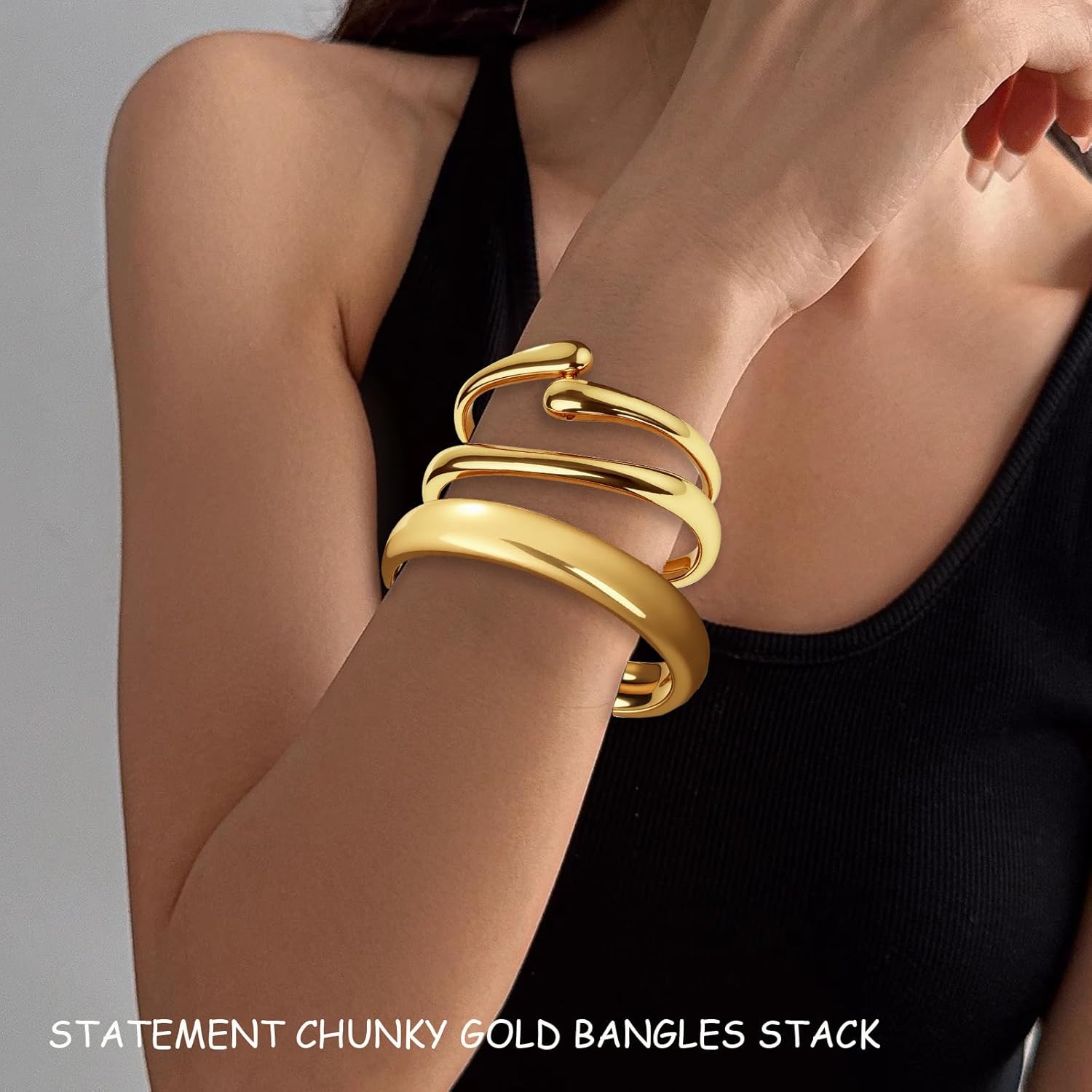 Chunky Gold Cuff Bangles for Women Wide Hinged Bangle Bracelets Statement Thick Cuff Bracelet Stack Chunky 14K Gold Plated Bangle Set - Image 6