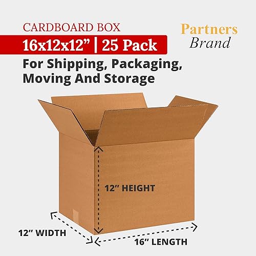 Miniatura 2 de Partners Brand Cajas de cartón corrugado de 16 x 12 x 12 pulgadas, 16 pulgadas de largo x 12 pulgadas de ancho x 12 pulgadas de alto, paquete de 25