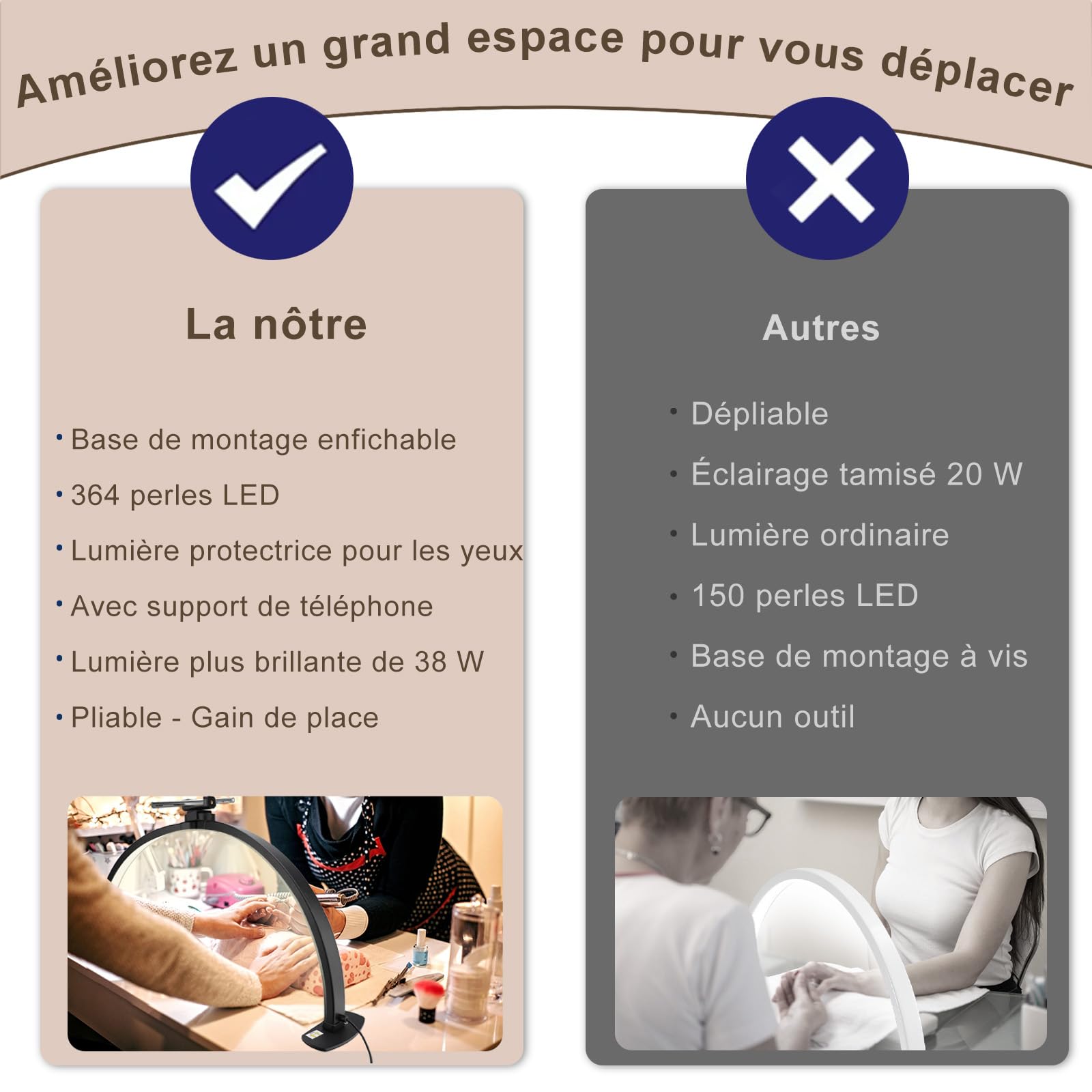 Lampada professionale a mezzaluna per ciglia VINGVO, Estensione ciglia pieghevole, LED 38W a intensità variabile, Luminosità regolabile in 3 colori 3000-6000K