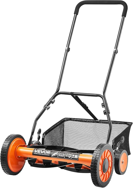 VEVOR Manual Lawnmower, 450 mm, 5 Steel Blades, No Motor, Adjustable Cutting Height 35 to 62 mm, with Pick-up Tray, Lawnmower, Driveways, Yards, Daily Gardening Work