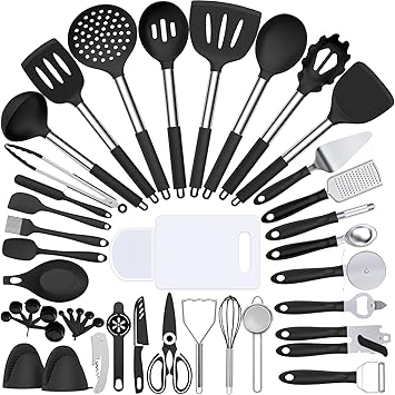 Silicone Cooking Kitchen Utensil Set, Umite Chef 43 PCS Heat Resistant Kitchen Utensils Gadget Set-Stainless Steel Handle- Kitchen Spatula Tools for Nonstick Cookware, Kitchen AccessoriesBlack
