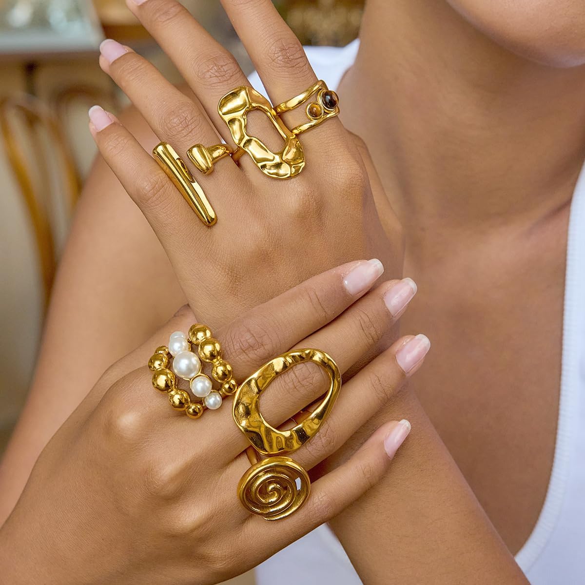 Minimalist Spiral Geometric Statement Ring for Women Gold-Tone Plated Stainless Steel Open Wrap Style Adjustable Thumb Knuckle Finger Band Stackable Chic Rings Fashion Comfort Fit Promise Jewelry - Image 3