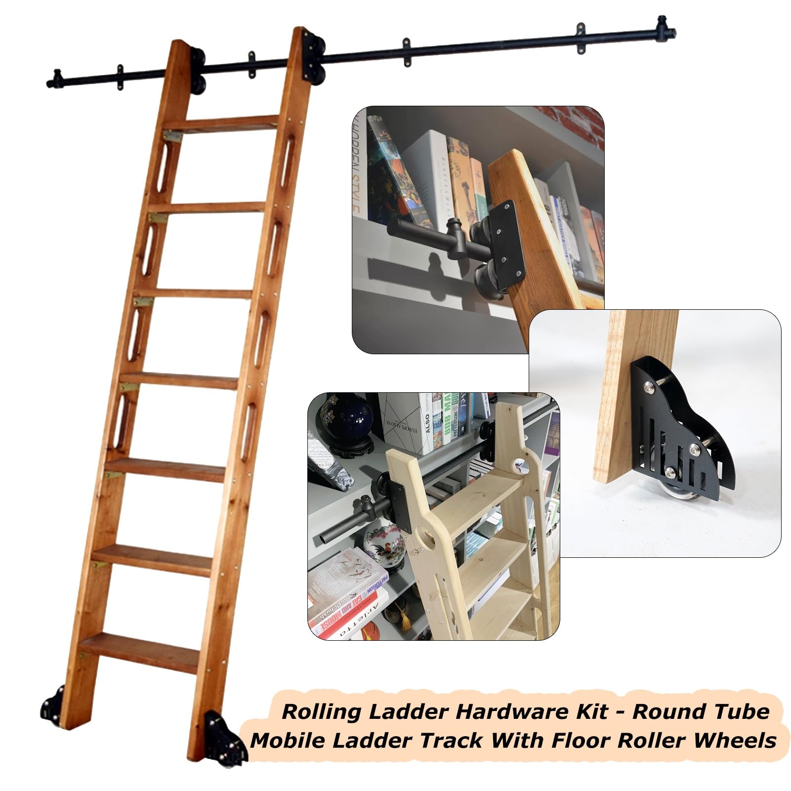 Kit de rieles para escalera de Biblioteca con ruedas, escalera deslizante Negra, herrajes completos para hogar, cocina y vinoteca, riel con ruedas para piso (sin escalera