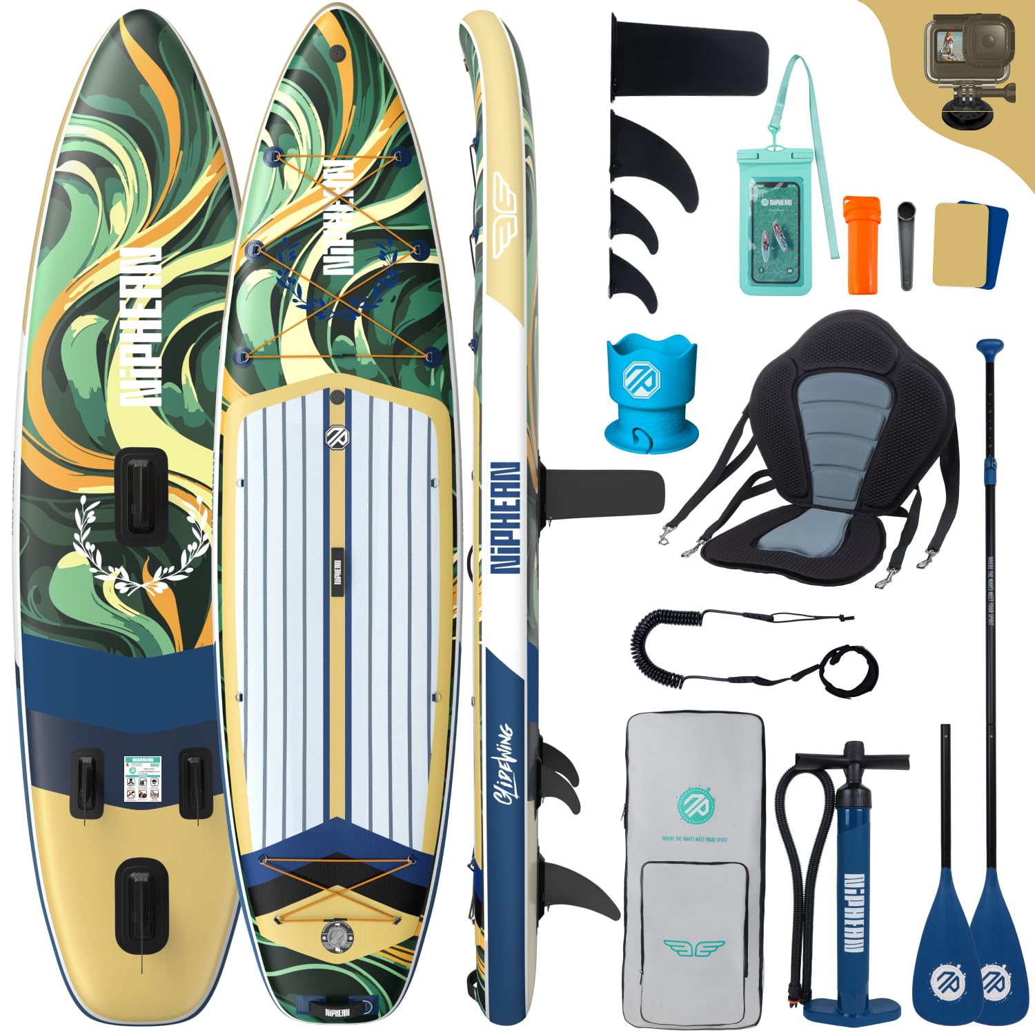Niphean (Extra Groß) Stand Up Paddling Board, SUP für 2+1 Personen/Familien, SUP Board mit (Anfängergeeignet) Balancierflügel, wasserdichte Handyhülle, Stand Up Paddle Board for Adults, Geschenkideen