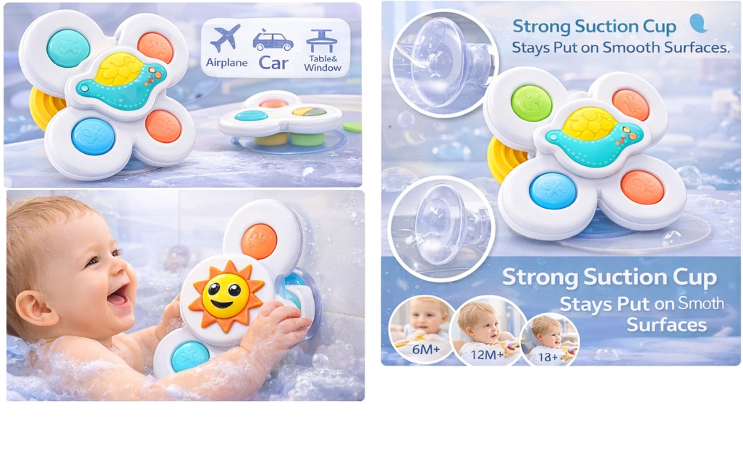 PB Prime Brands Strong Suction Cup Fidget Rotating Sensory Bath Toys for Baby 6 12 18 Months Airplane Car Travel Table & Window Toys for 1 2 Years Old Toddler Boys and Girls (Sun Spinner Popit) 4