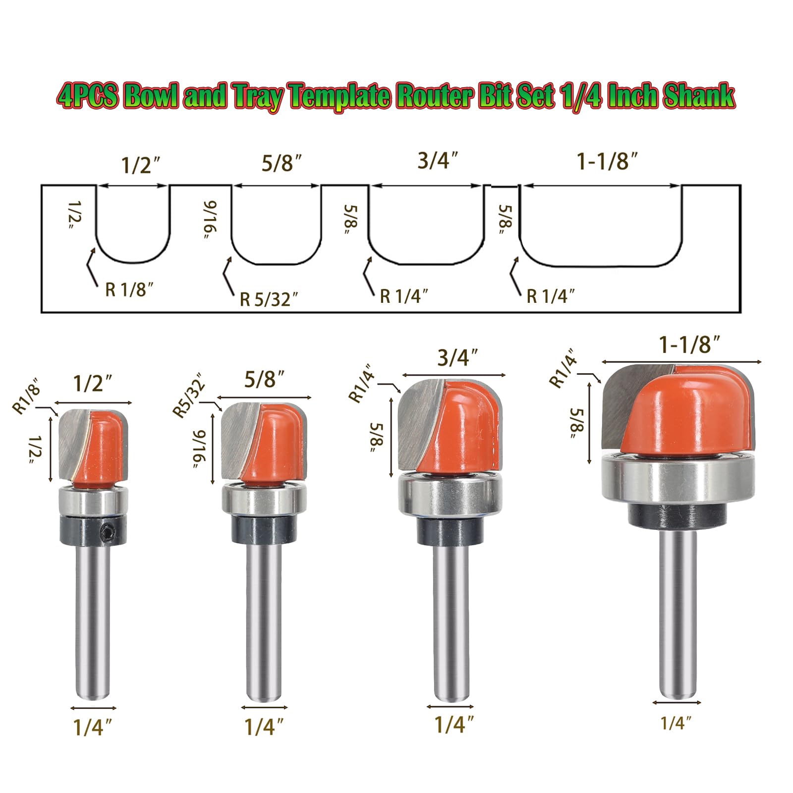 Sinoprotools 4PCS Bowl & Tray Template Router Bit Set 1/4 Inch Shank - Image 2