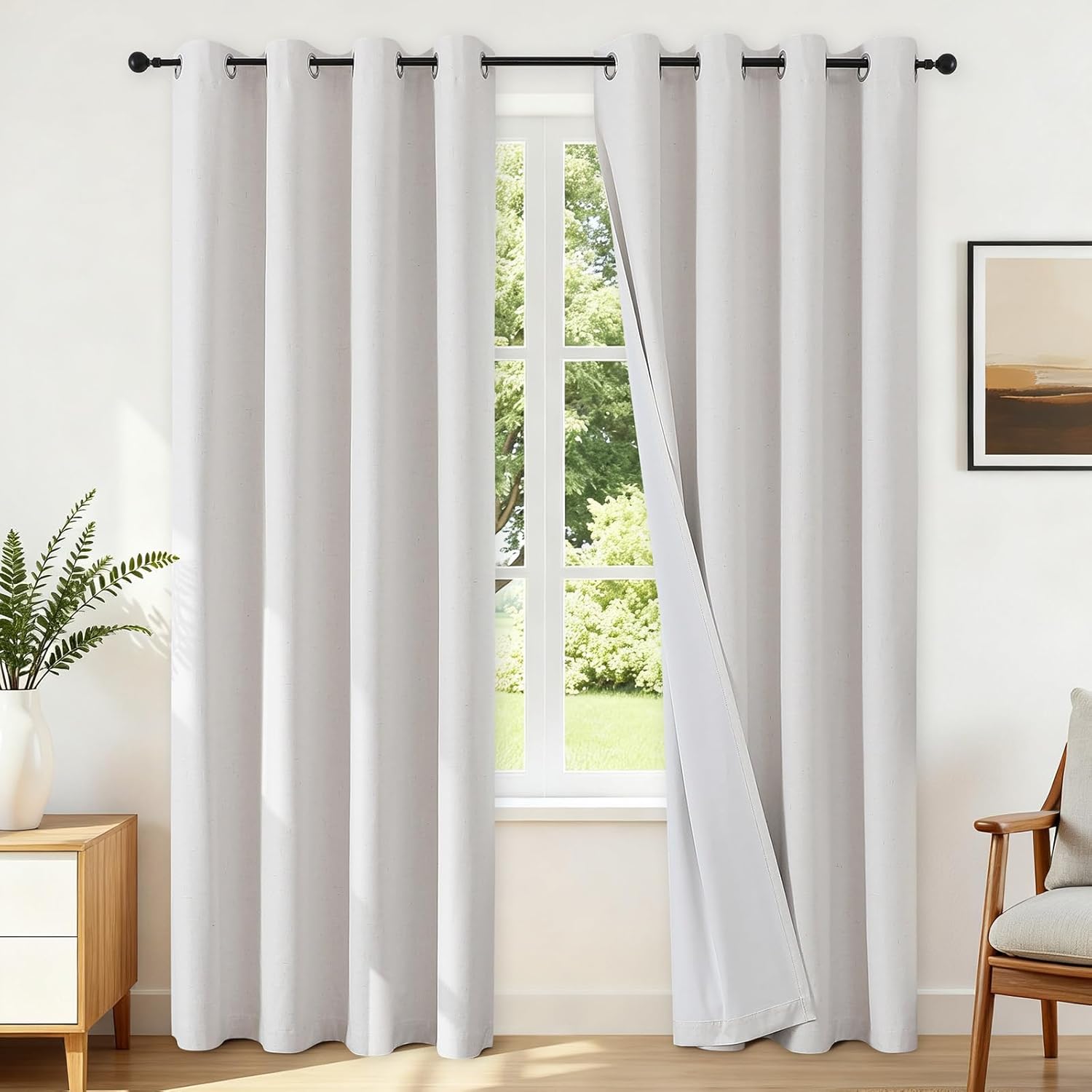 Joydeco White Linen Blackout Curtains 96 Inches Long 2 Panels Set, Full Light Blocking Window Curtains with Grommet for Living Room Bedroom, Thermal Insulated Room Darkening Drapes 52" W x 96" L