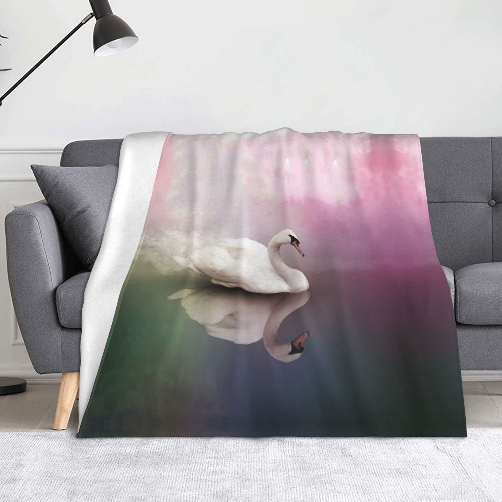 Plaid lit et camping motif cygne blanc en flanelle microfibre douce