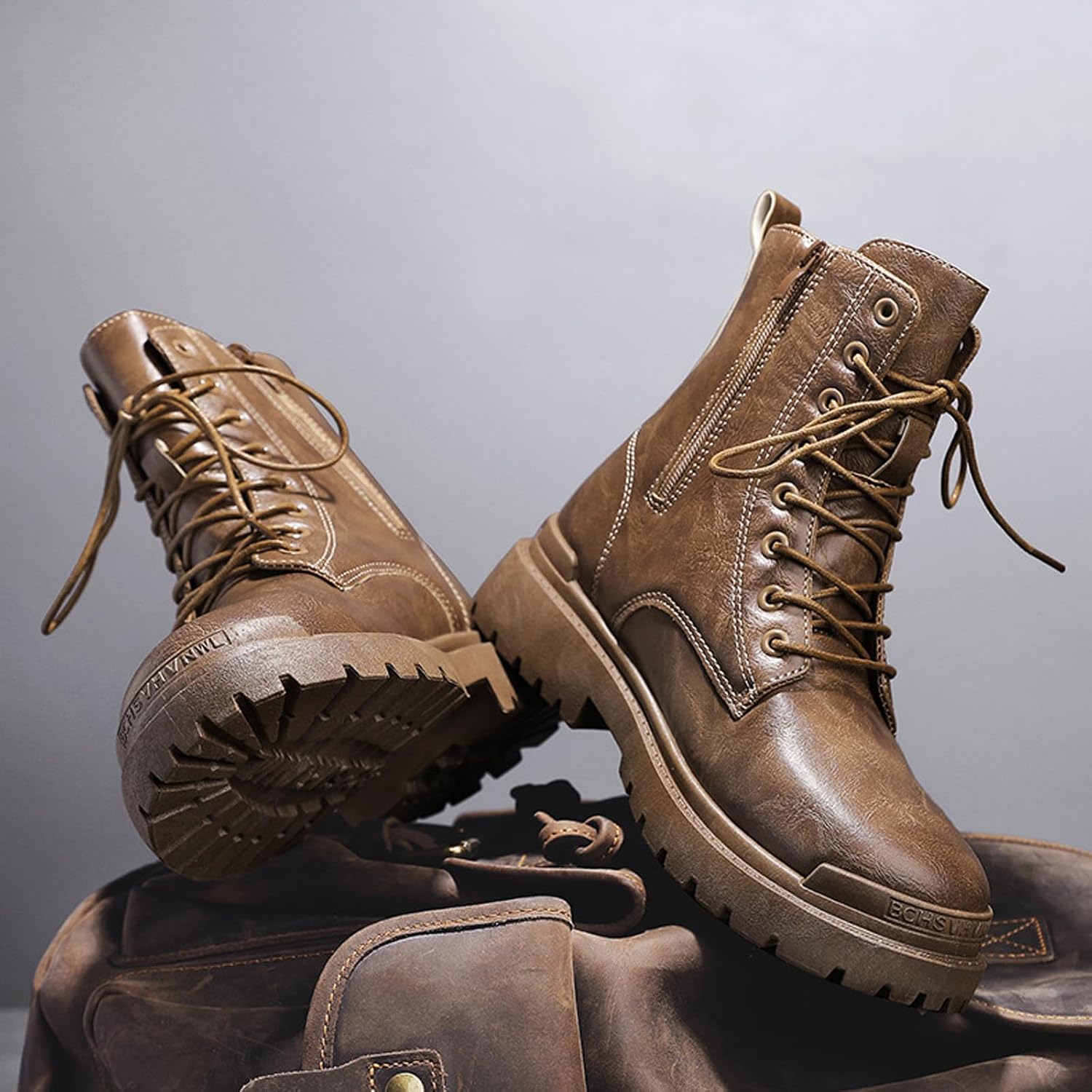 Men'S Leather Lace-Up Platform Combat Boots Retro Wide Toe Comfort Chunky Heel High Top Motorcycle Ankle Boots For Business Work Driving