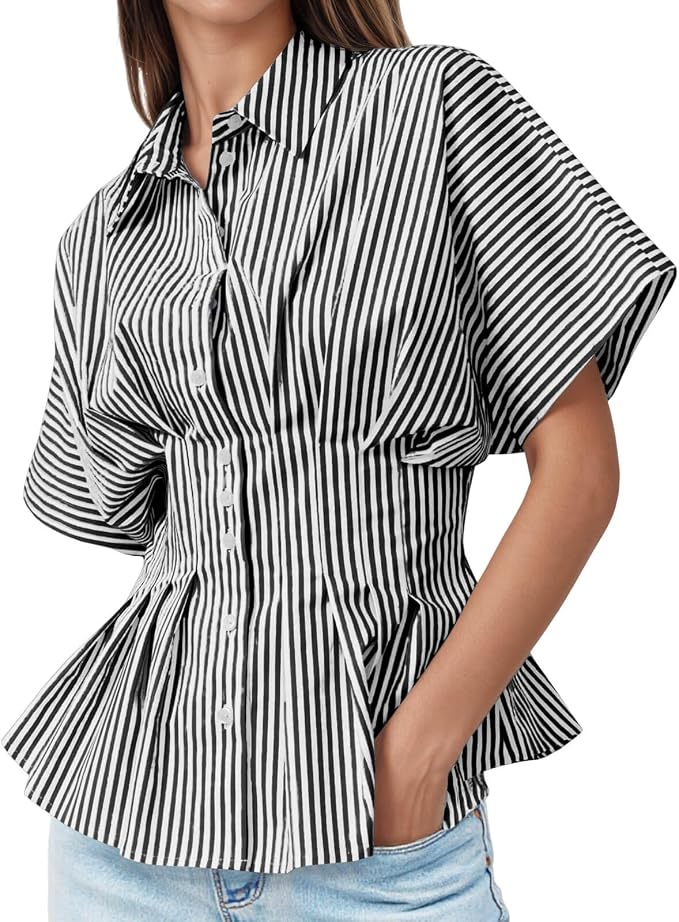 Tankaneo Womens Striped Peplum Button Down Shirts Short Sleeve Pleated Tops Summer Business Casual Blouses