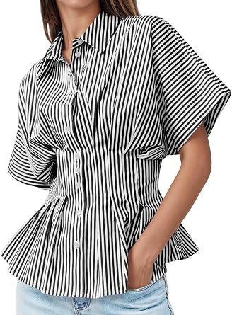 Tankaneo Womens Striped Peplum Business Tops Casual Office Shirts Blouses | Cinched waist tops for women, Button down work blouse, Pleated Summer corporate Top