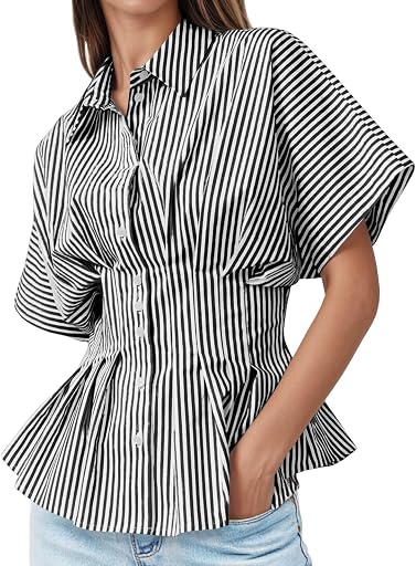 Tankaneo Womens Striped Peplum Business Tops Casual Office Shirts Blouses