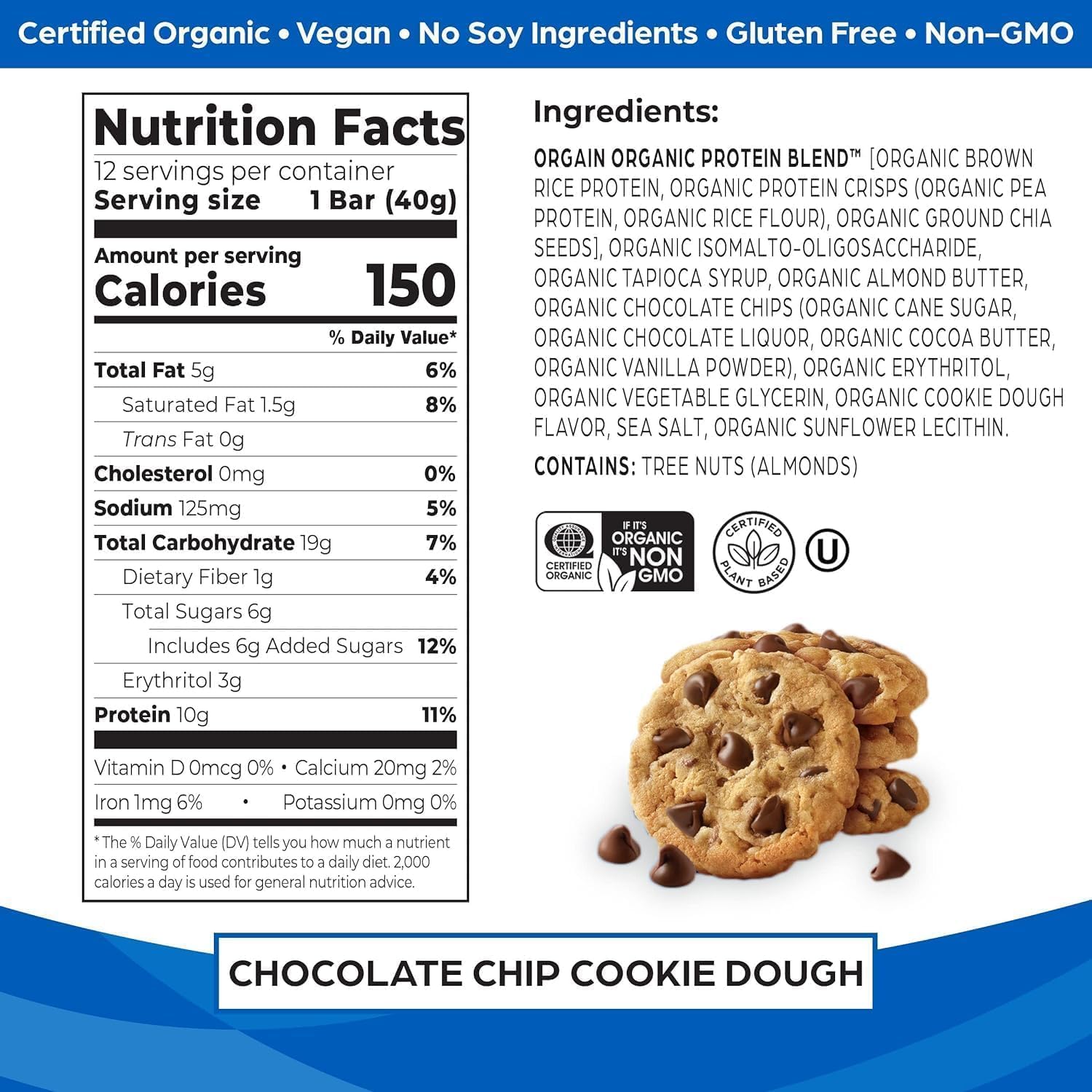 Orgain Organic Vegan Protein Bars Bundle - Chocolate Chip Cookie Dough & Chocolate Brownie - 10g Plant Based Protein, Gluten Free, Non-GMO - 1.41 Oz (2 Pack of 12) image 2