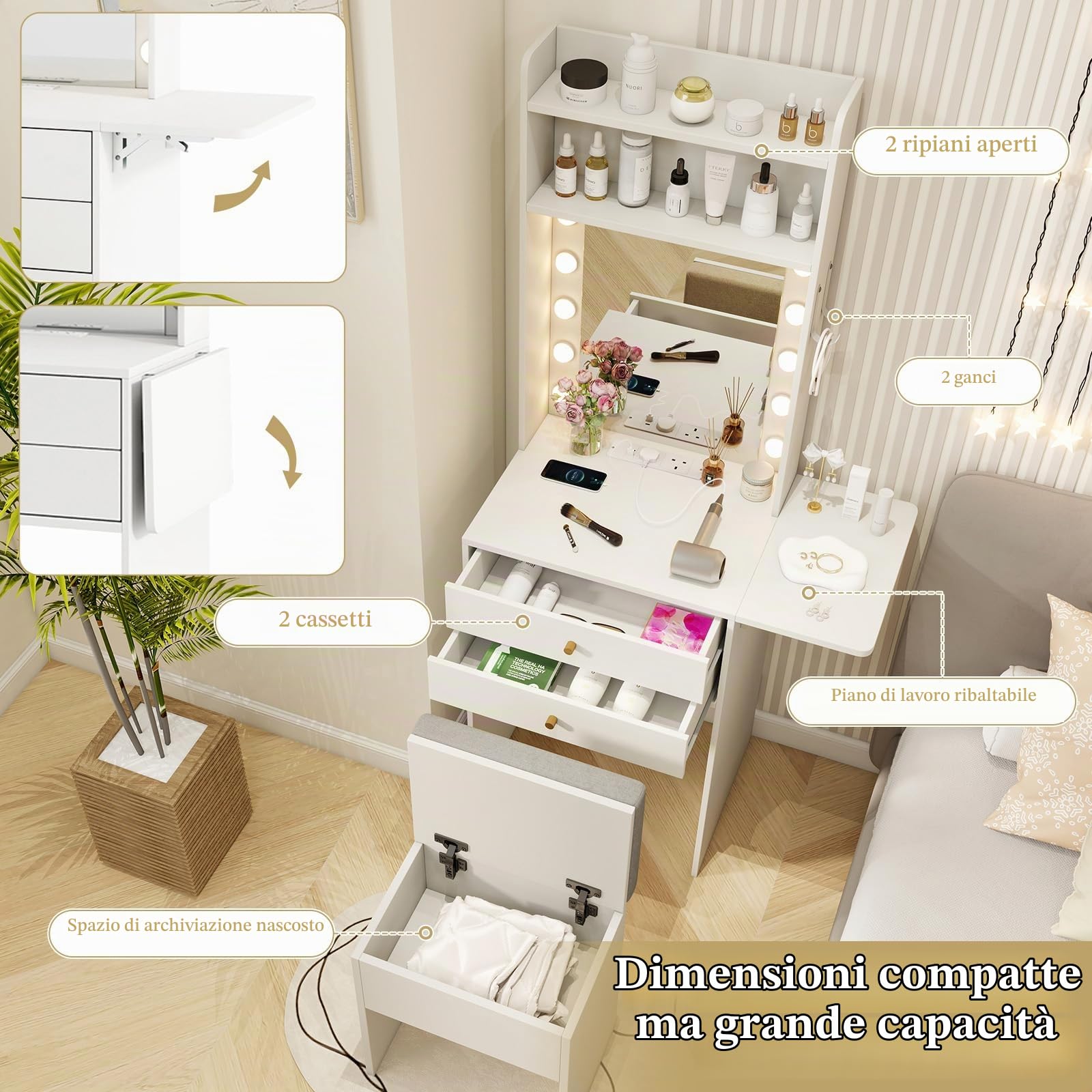 HOMASIS Toeletta Trucco con Sgabello, Mobile Trucco con Specchio e Luce Regolabile a Tre Colori, Postazione Make Up con Tavoletta Pieghevole, Prese Elettriche, 1 USB-A e 1 USB-C, Bianco