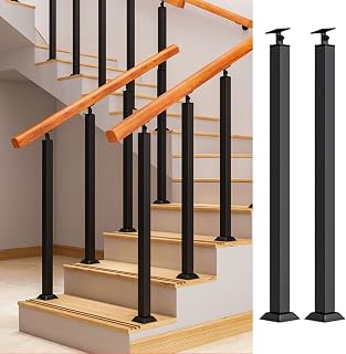 Stair Balusters Post, Black Square Metal Railing Spindles with Flat & Adjustable 270° Angle Bracket, Banister Column for Deck, Steps, Garden, Outdoor Stairs Remodeling, Front Mount