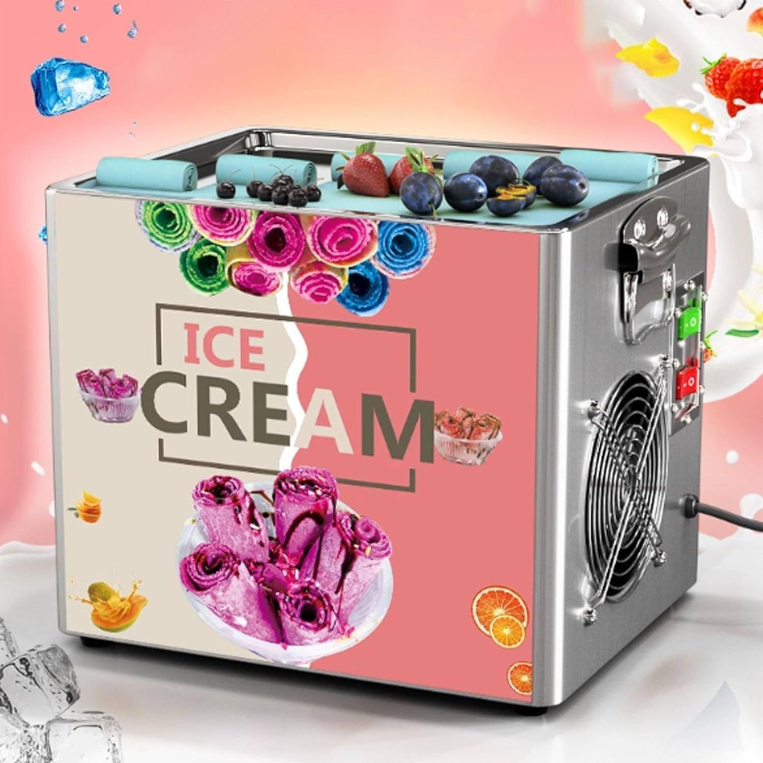 Commercial Ice Roll Maker,Stir-Fried Yogurt Cream Machine 330W, Ice Cream Roll Machine with 11.8Inx9.4InSquare Pan, Button Defrost Method with Food Shovels Perfect for Bars,Cafes Dessert