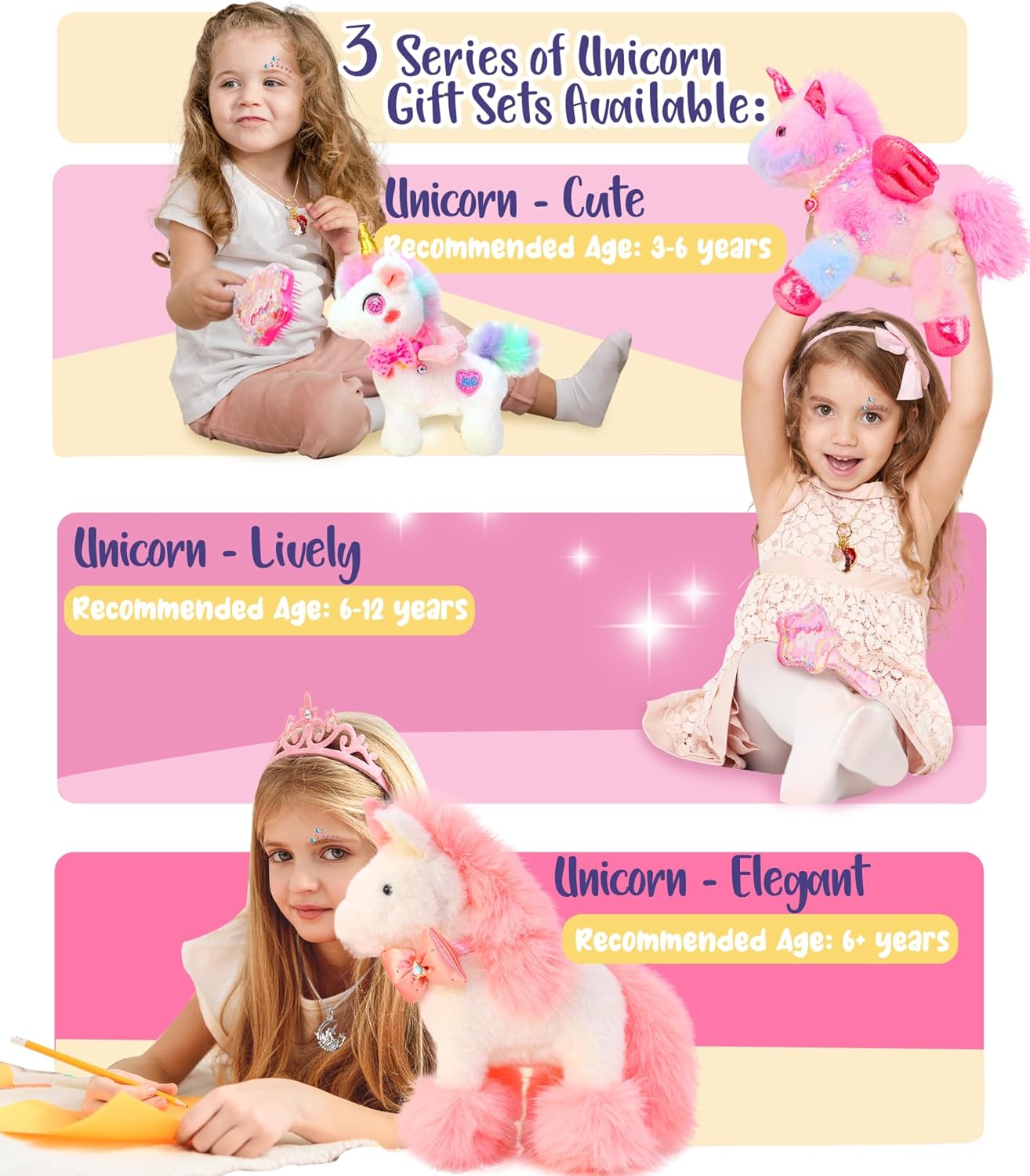 Unicorn Gift Set for Little Girls Age3-5 6-8,Dress Up Birthday Toys Gifts Set with Plush Toy,Necklace,Comb,DIY Stickers.for Christmas,Easter Gifts (Cute)