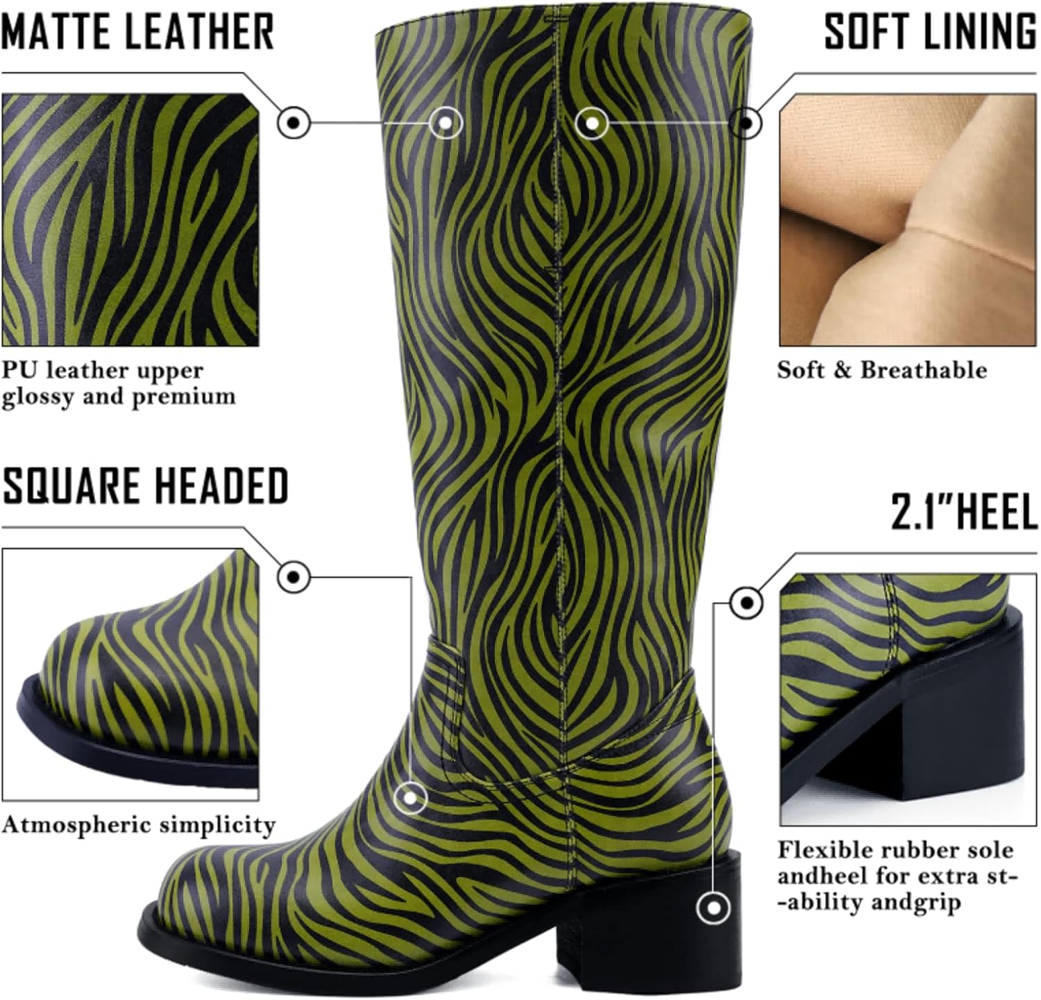 Women's Knee High Boots Square Toe Chunky Block Heel Long Boots for Women Comfortable Low Heel Womens Boots