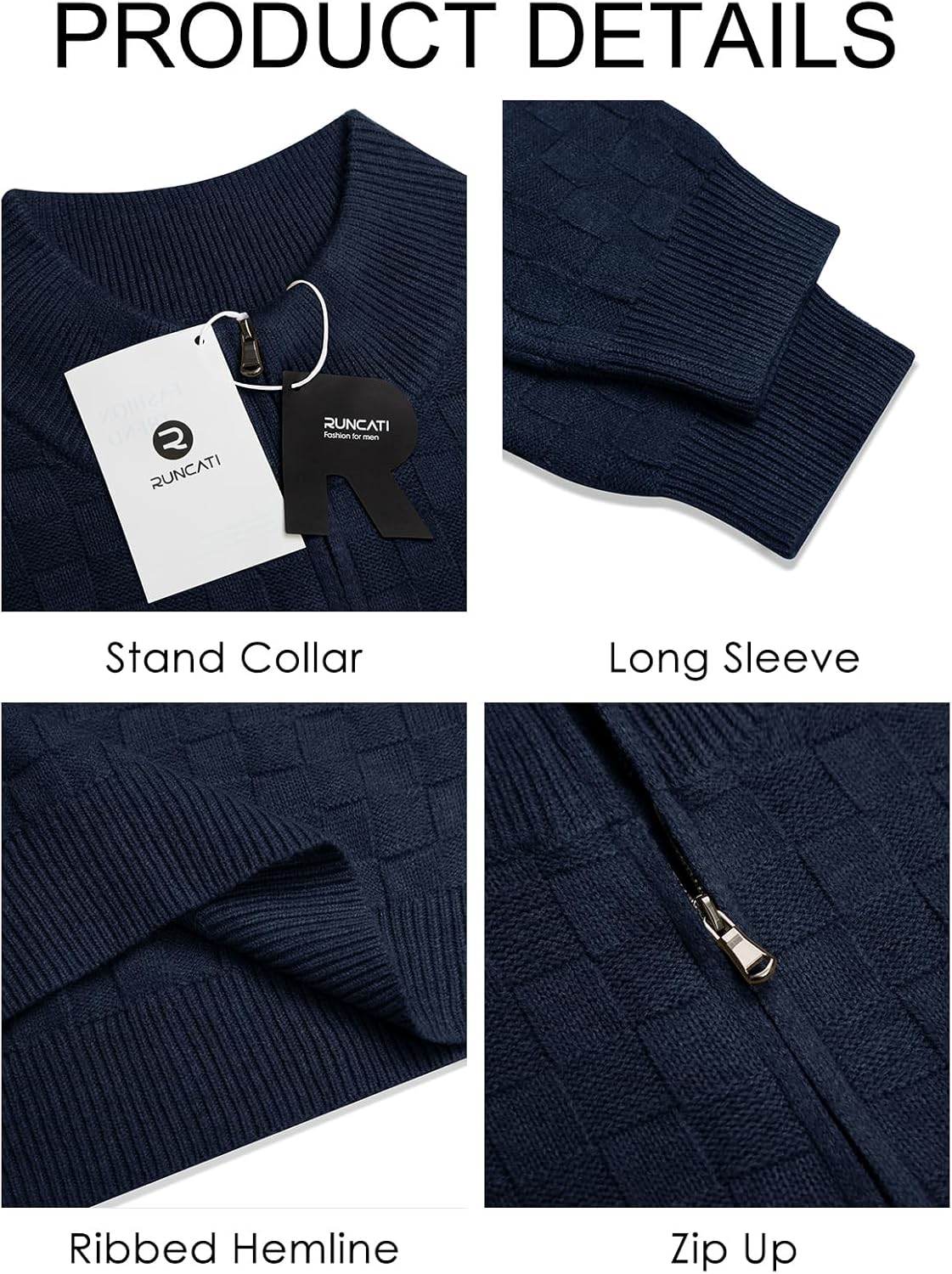 Runcati Mens Quarter Zip Pullover Sweater Casual Mock Neck Slim Fit Checkered Knitted Polo Sweaters - Image 5