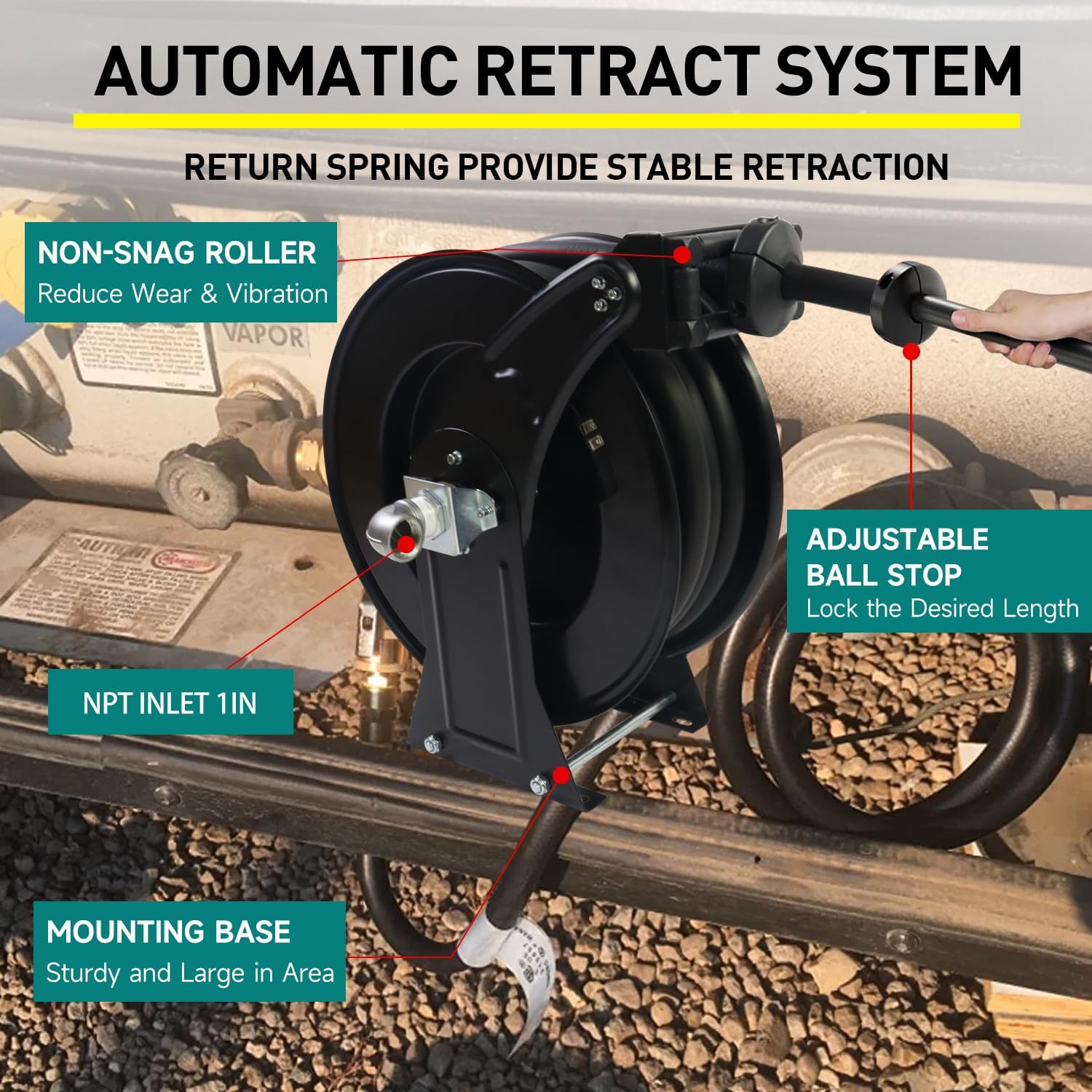 Fuel Hose Reel,1"X33' Retractable Ratchet Spring Driven Diesel Hose Reel,360 Rotating Fuel Hose Swivel,AUTO Fuel Nozzle,SS304 Elbow Pipe,Barb Fitting,300 PSI,Swivel Steel Construction Reel