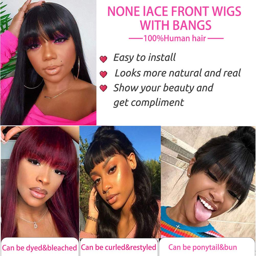 bb face Straight Wig with Bangs Human Hair 150 Density Glueless Human Hair Wigs with Bangs for Black Women 20 Inch Straight Bang Wig Human Hair Natural Black Color