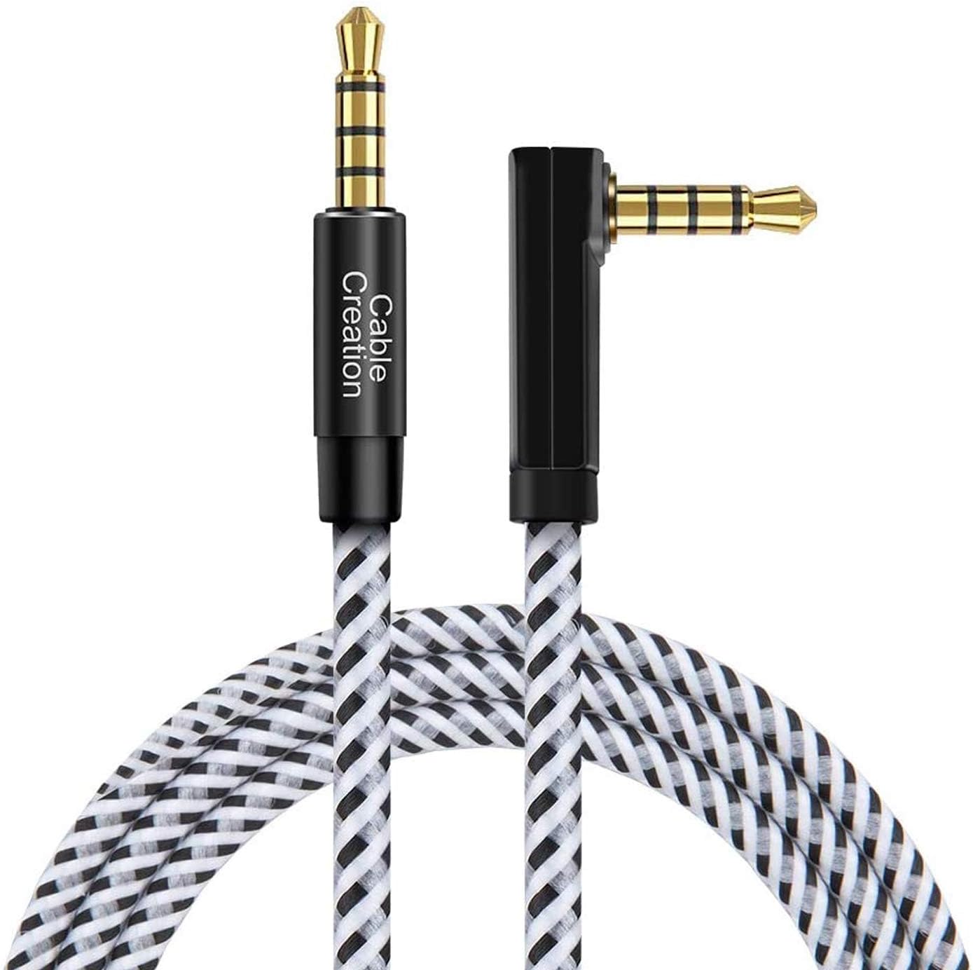 CableCreation TRRS 3.5mm Audio Cable 0.9M, 90 Degree 3.5mm Male to Male Aux Cable/Right Angle 4 Pole Auxiliary Stereo Cable,Microphone Compatible,3FT/90CM