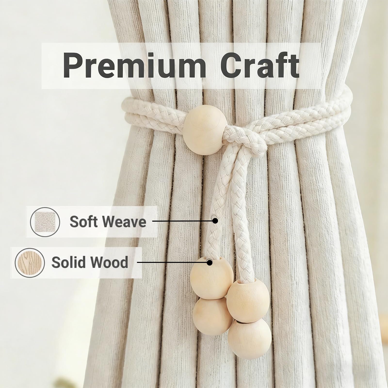 Set di Fermatenda Regolabili con Perle di Legno, 4 Pezzi, Design Elegante e Rustico per Raccogli Tenda, Facili da Installare, Perfetti per Casa e Ufficio