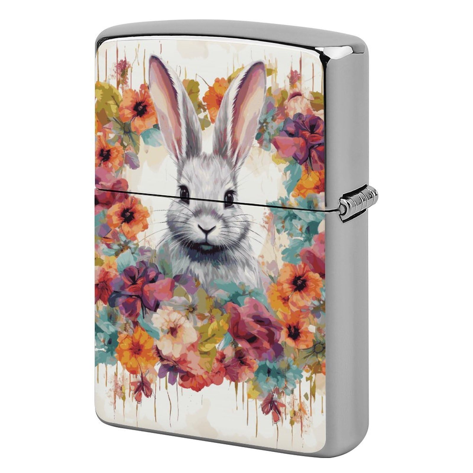 Watercolor Rabbit and Flowers Lighter Case Cover Vintage Metal Lighter Sleeve Reusable Lighter Protective Cover Decorative Lighter Holder Birthday Gifts for Men Women