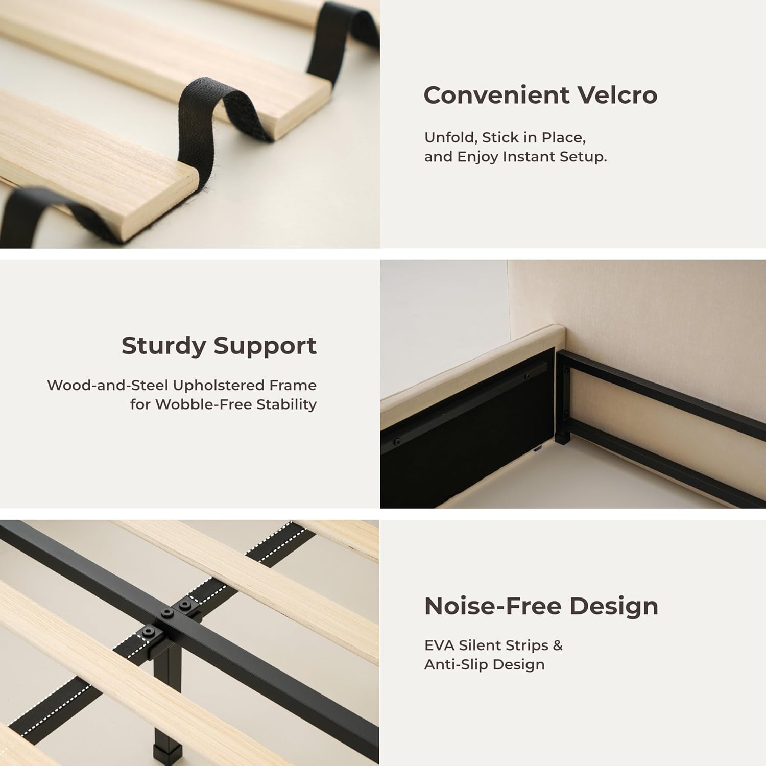 RECCI Platform Bed Frame with Plush Upholstered Headboard, Noise-Free Stability, Easy Assembly, Wood Slats (Beige, Queen (U.S. Standard))