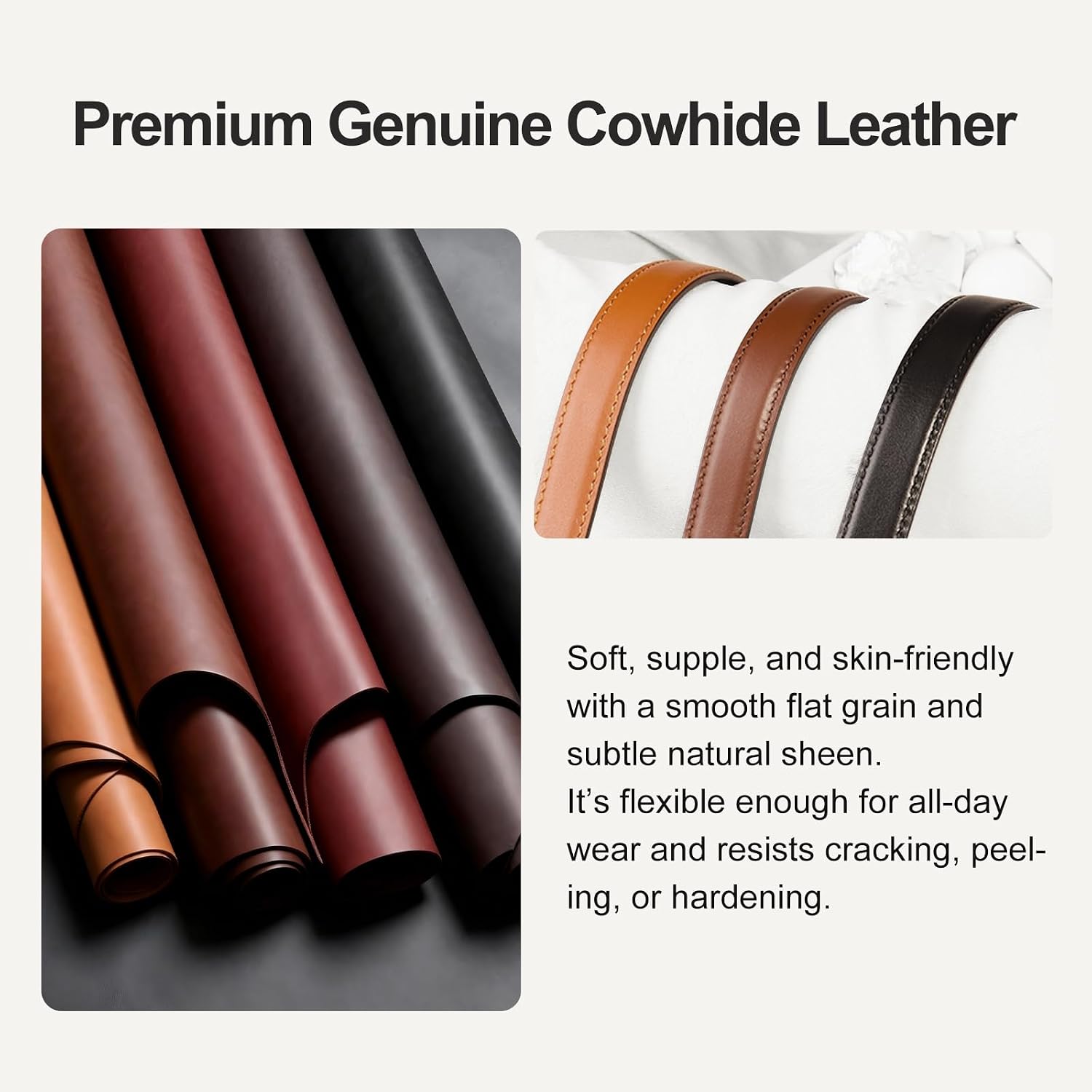 C-Shaped Buckle Reversible Genuine Leather Belt for Women, with Reinforced Anti-Crack Holes, Dual Color Black & Brown