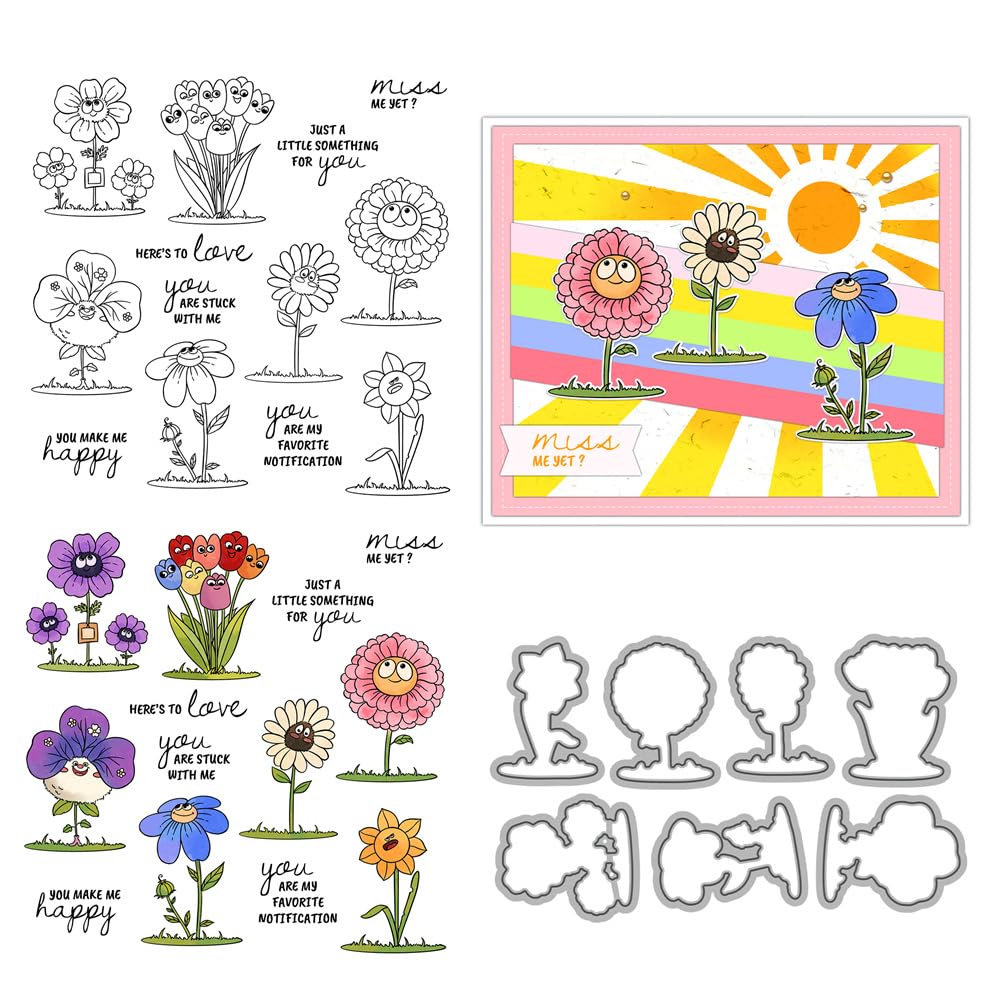Plant Flowers Stamps and Die Cuts for Card Making Various Funny Expressions Transparent Silicone Clear Stamp and Metal Cutting Dies Sets for DIY Scrapbooking Paper Crafting Seals Decorative Supplies