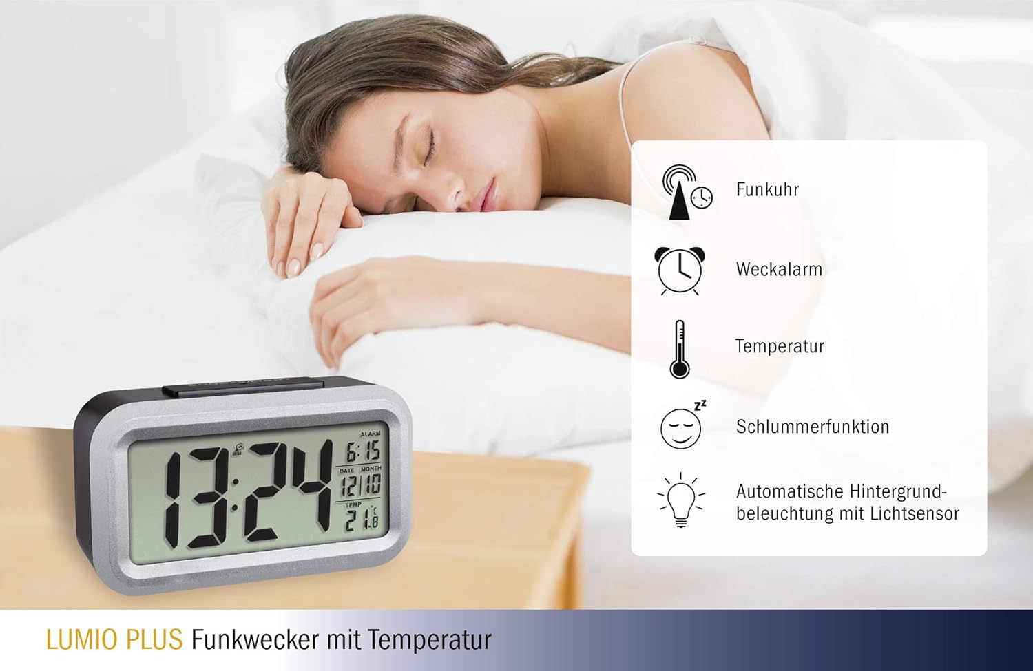 TFA Dostmann Lumio Radio Alarm Clock, Plastic, Black, (L) 138 x (B) 48 x (H) 79 mm