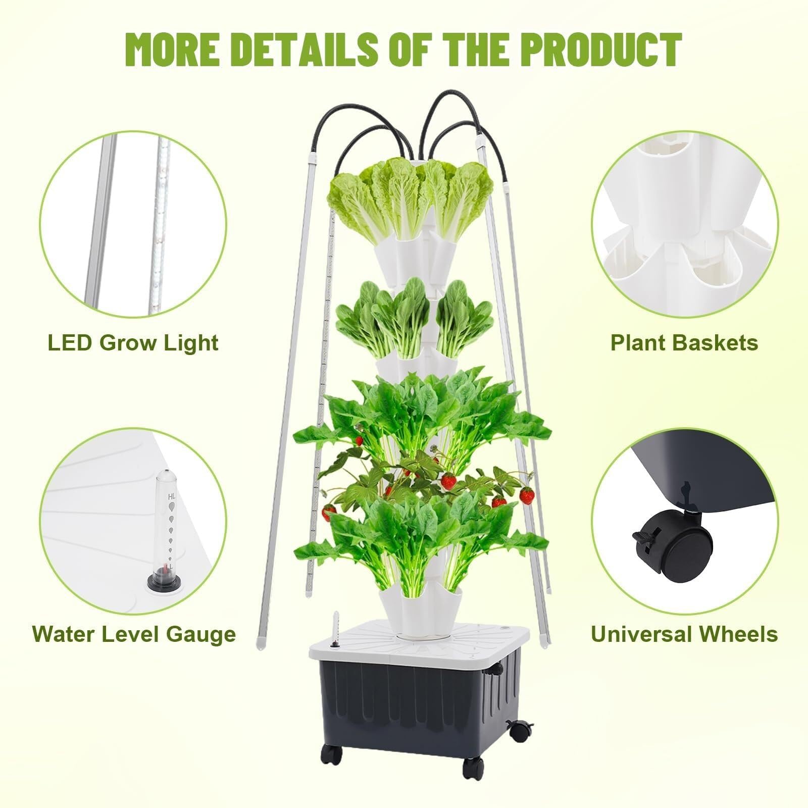 Torre de cultivo hidropónica, maceta vertical con luces de cultivo, capacidad de 40 plantas, jardín interior de 8 niveles, temporizador inteligente, ruedas móviles para hierbas y verduras