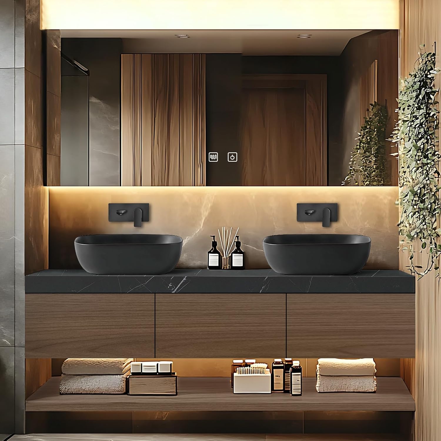 Bathroom Vanity - Floating Bathroom Vanity with Double Sinks Includes Grey Sink & Wood Grain Cabinet|Modern Log Style,Open Storage Rack,LED Smart Mirror Cabinet(60IN)