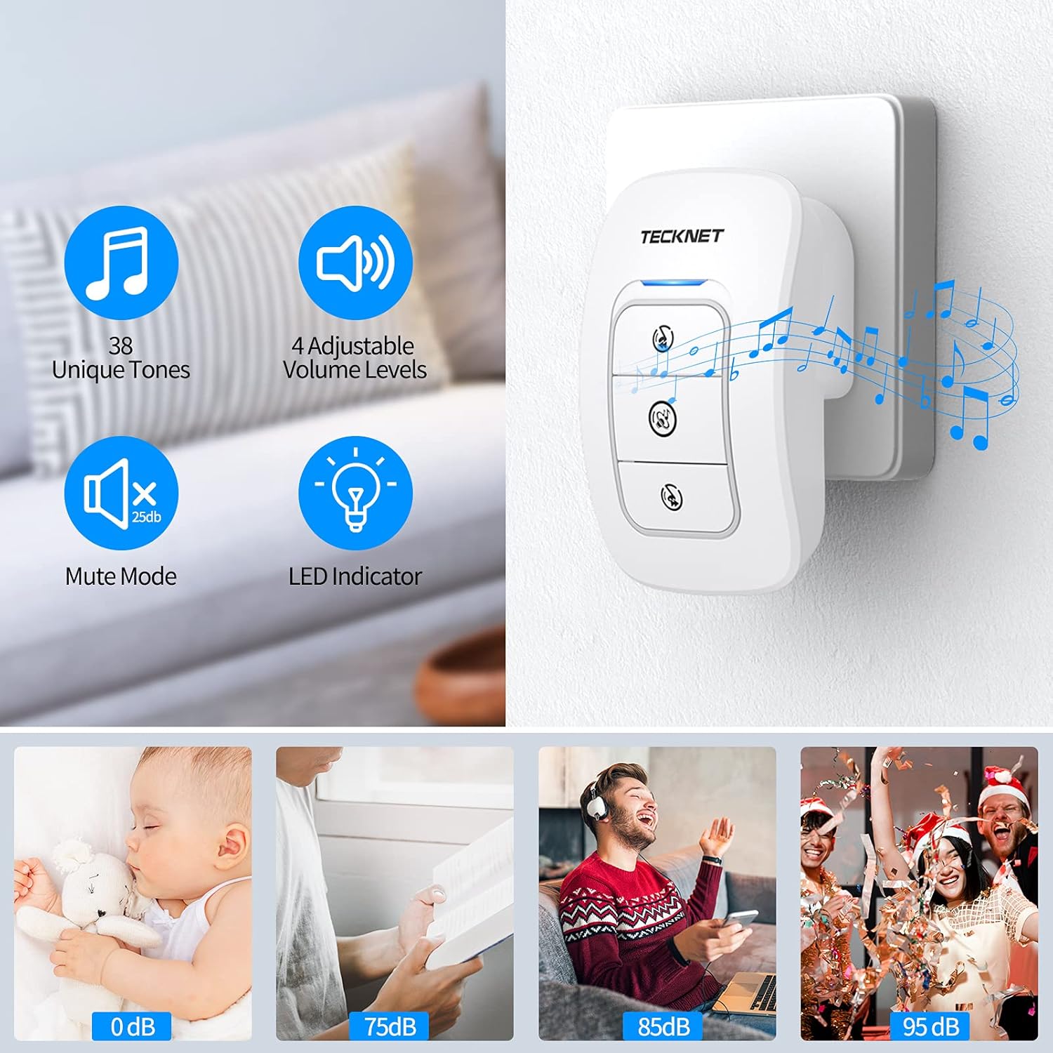 Wireless Doorbell, TeckNet Waterproof Wireless Door Bell Chime Kit with LED Light 1 Receiver and 1 Push Button Operating at 1300 Foot Range with 38 Chimes - - 