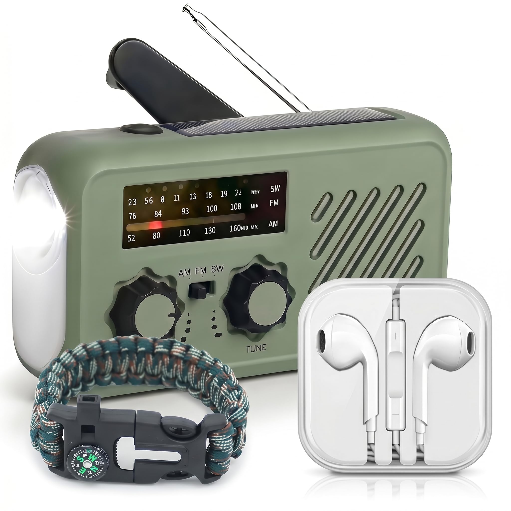 Radio di emergenza, ricarica a 3 vie Radio di emergenza, 2000mAh Radio di sopravvivenza professionale ricarica a 3 vie (solare/manovella/USB) Radio AM/FM con allarme SOS Torcia LED incluso Power bank