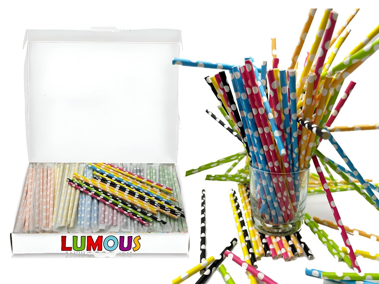 EXPECTRO Paper Straws, 450 Pack Paper Drinking Straws Bio Degradable Drinking Paper Straws Wedding Party, Party Straws, Restaurant, Juice Drinking Straws (450Pcs Wrapped Multi Polka Dot)