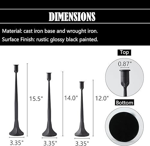 Miniatura 2 de Denique Juego de 3 portavelas cónico de hierro, portavelas negro, portavelas decorativo, juego alto para bodas, mesa de comedor, decoración del