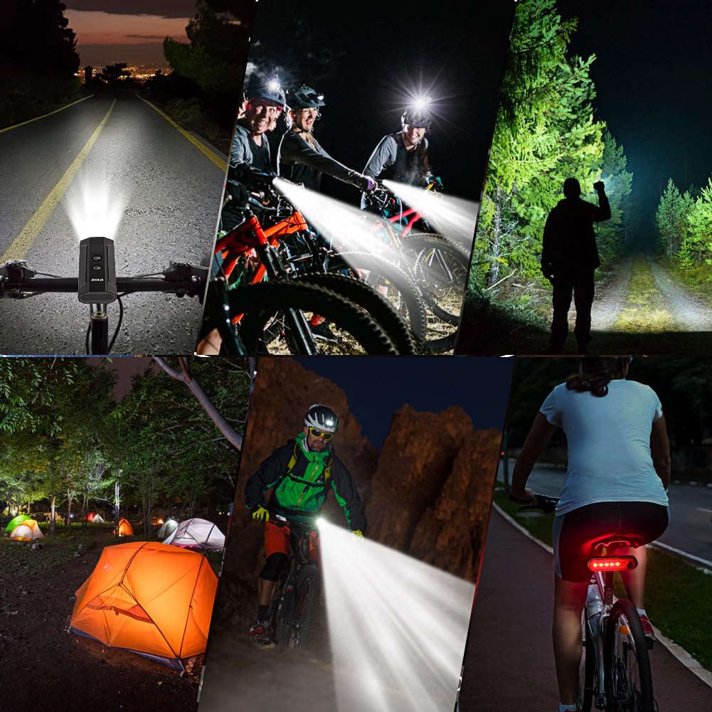 1200 lumens, 3 lumières LED pour vélo à monter la nuit, lumière de vélo super brillante avant et arrière, lampe torche rechargeable par USB, 13 modes d'éclairage étanches pour vélo