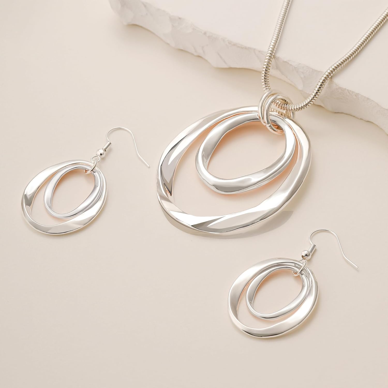 925 Silver Circle Earrings Necklace Set for Women - Hypoallergenic Dangle Earrings, Dainty Geometric Pendant Necklace, Boho Jewelry Set - Image 4