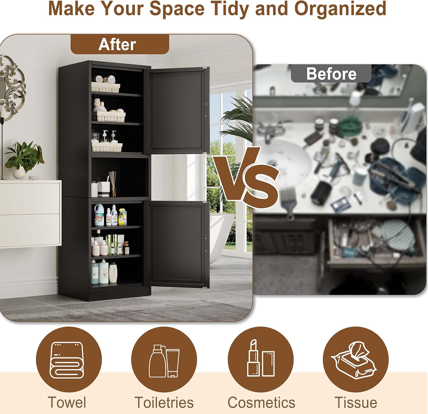pozdeg 67" Tall Narrow Storage Cabinet Metal Bathroom Cabinet with 2 Doors & 4 Adjustable Shelves, Standing Pantry Cabinets Cupboard for Kitchen, Dining Room, Living Room and Bathroom (Black)